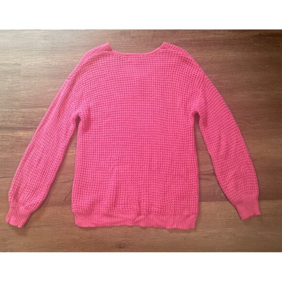 Womens Pink V-Neck Waffle Knit Sweater XL Acrylic Comfort Stretch Warm - Picture 2 of 6